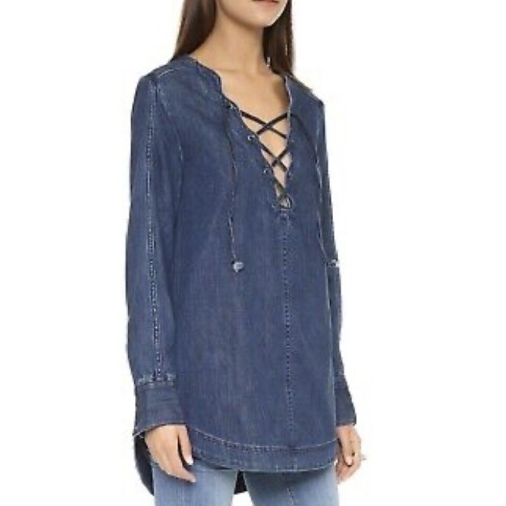 Free People Neopolitan Dreams Denim Indigo Tunic Lace Up Plunge Long Sleeve XS